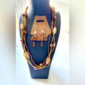 Necklace and Earrings Set Lucite- Brown, Amber, Cream